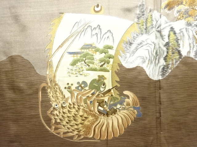 JAPANESE KIMONO / ANTIQUE MENS HAORI / SILK / DORO OSHIMA TSUMUGI / ISE EBI & TREASURE BOAT (LINING)